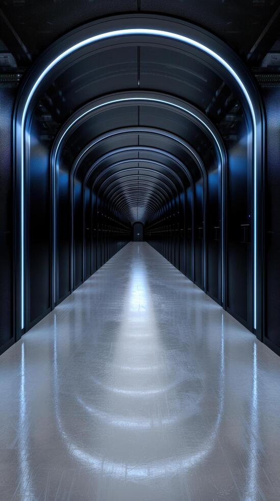 Futuristic illuminated tunnel with arched walkway photo