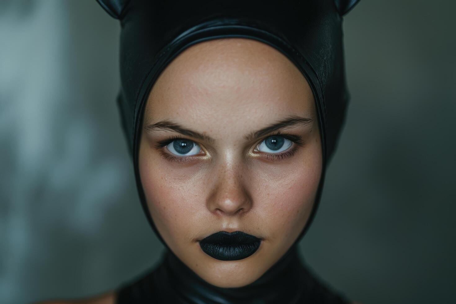 mysterious woman in black hijab with intense gaze photo