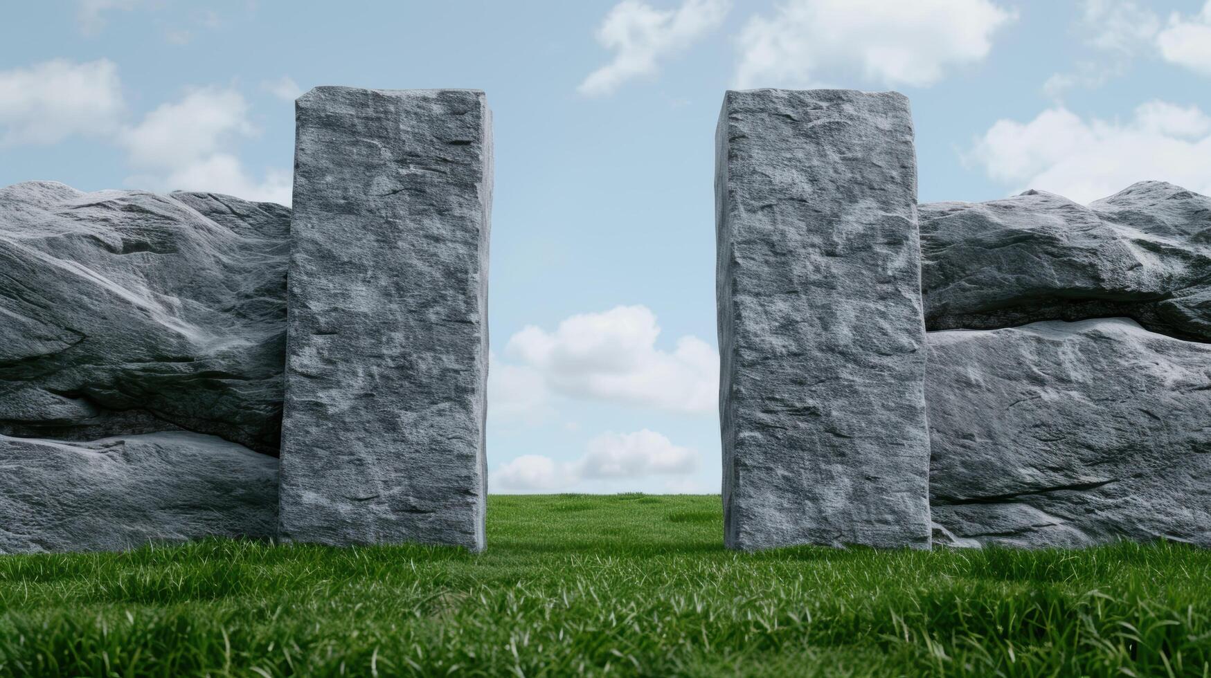 Monumental stone pillars in a grassy field photo
