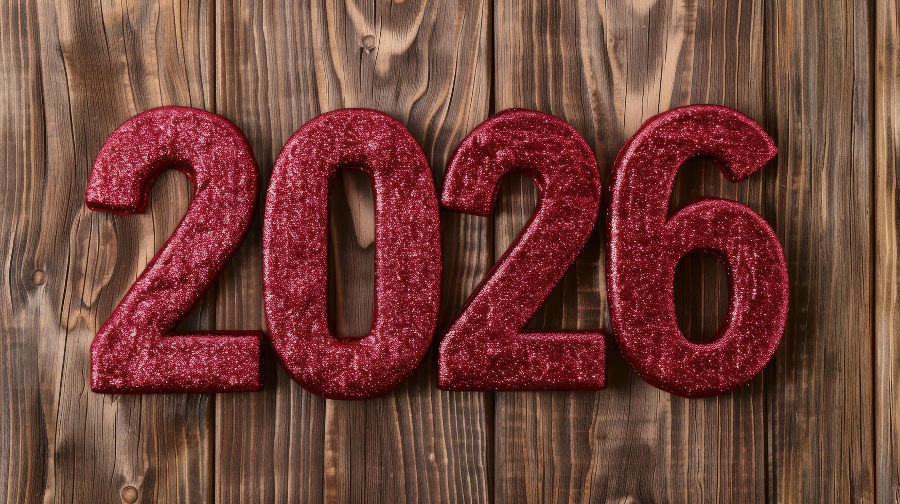 Glittering red 2020 numbers on wooden background photo
