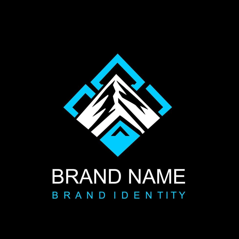 A simple rectangular logo with a mountain silhouette in the middle. vector