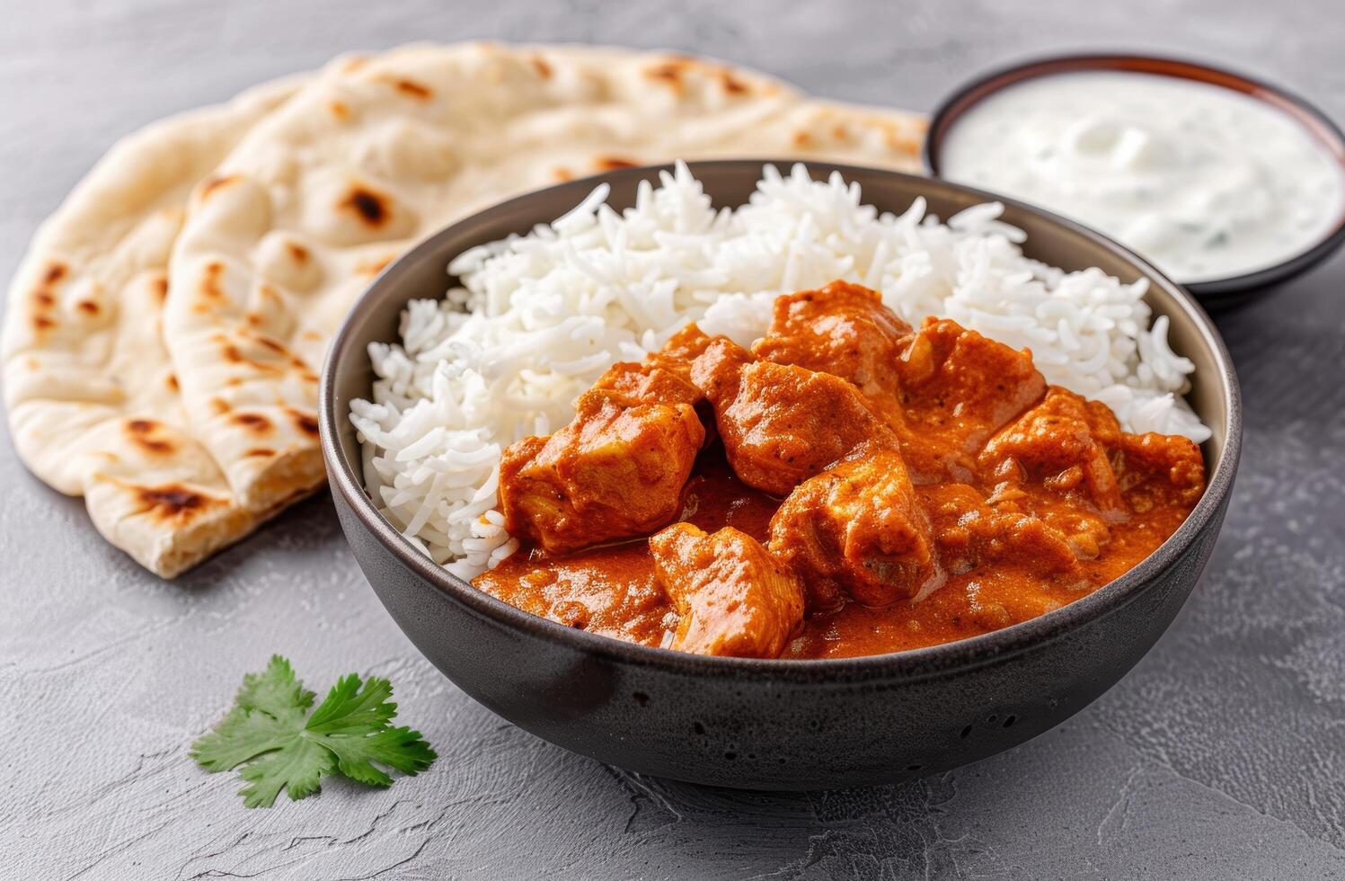Delicious chicken tikka masala with basmati rice and naan bread photo