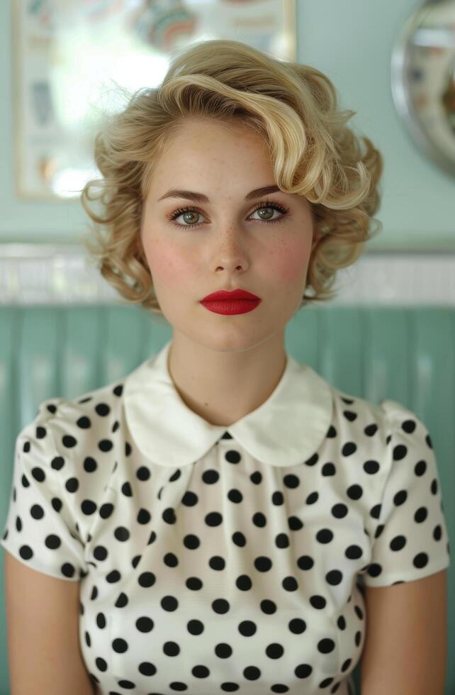 Retro style woman with curly blonde hair and red lips photo