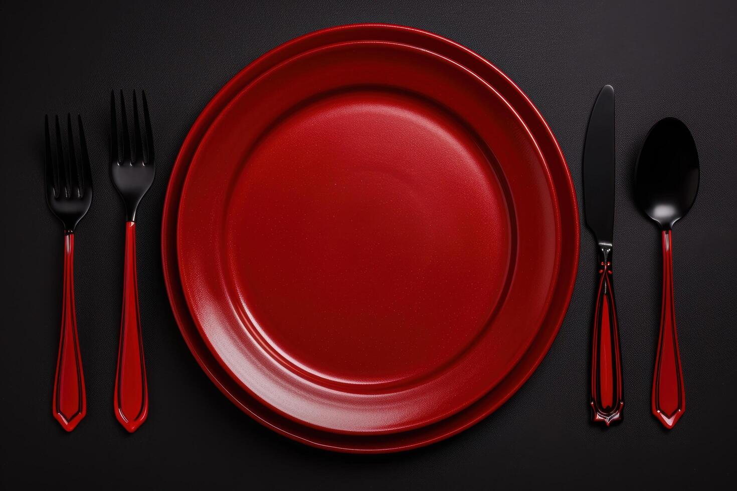 elegant red plates and cutlery on dark background photo