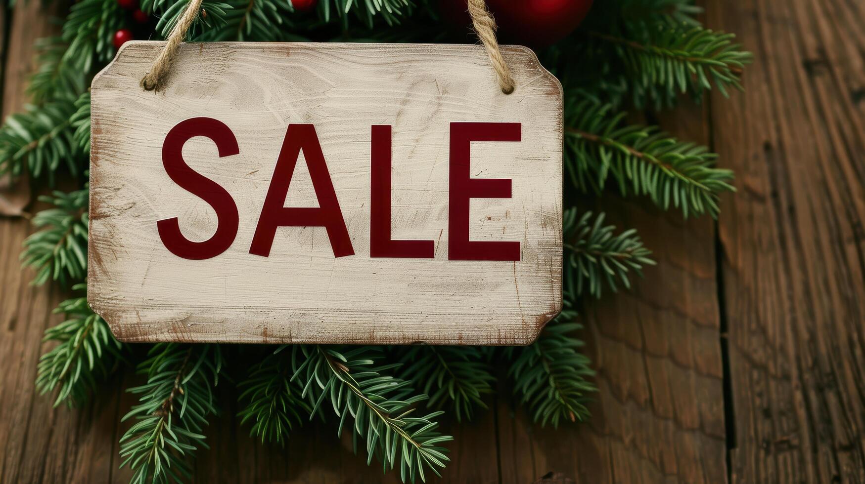 Sale sign on wooden board with pine branches photo