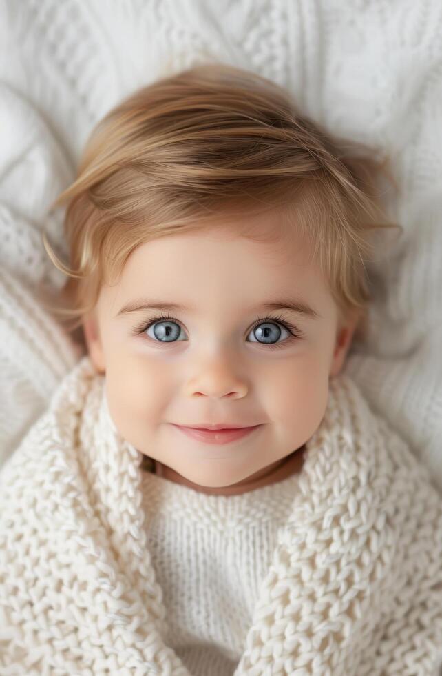 Adorable baby girl with blonde hair and blue eyes photo
