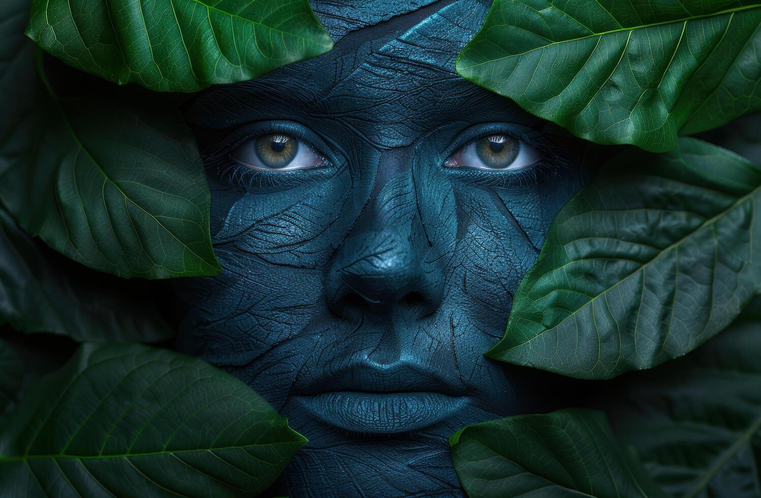 mysterious face hidden in lush green leaves photo