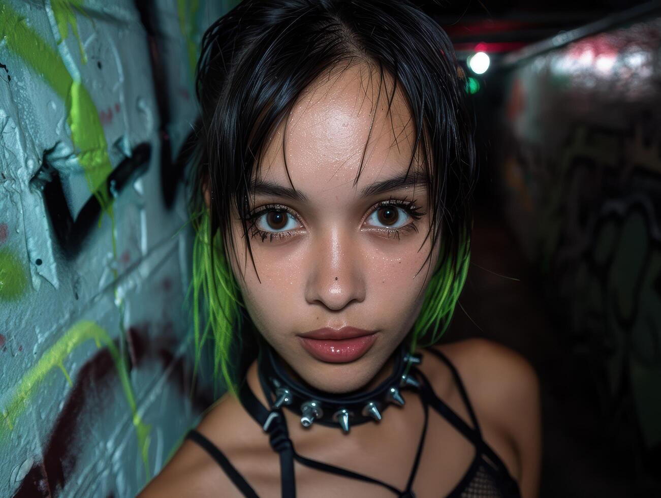 edgy urban portrait of young woman with green hair photo