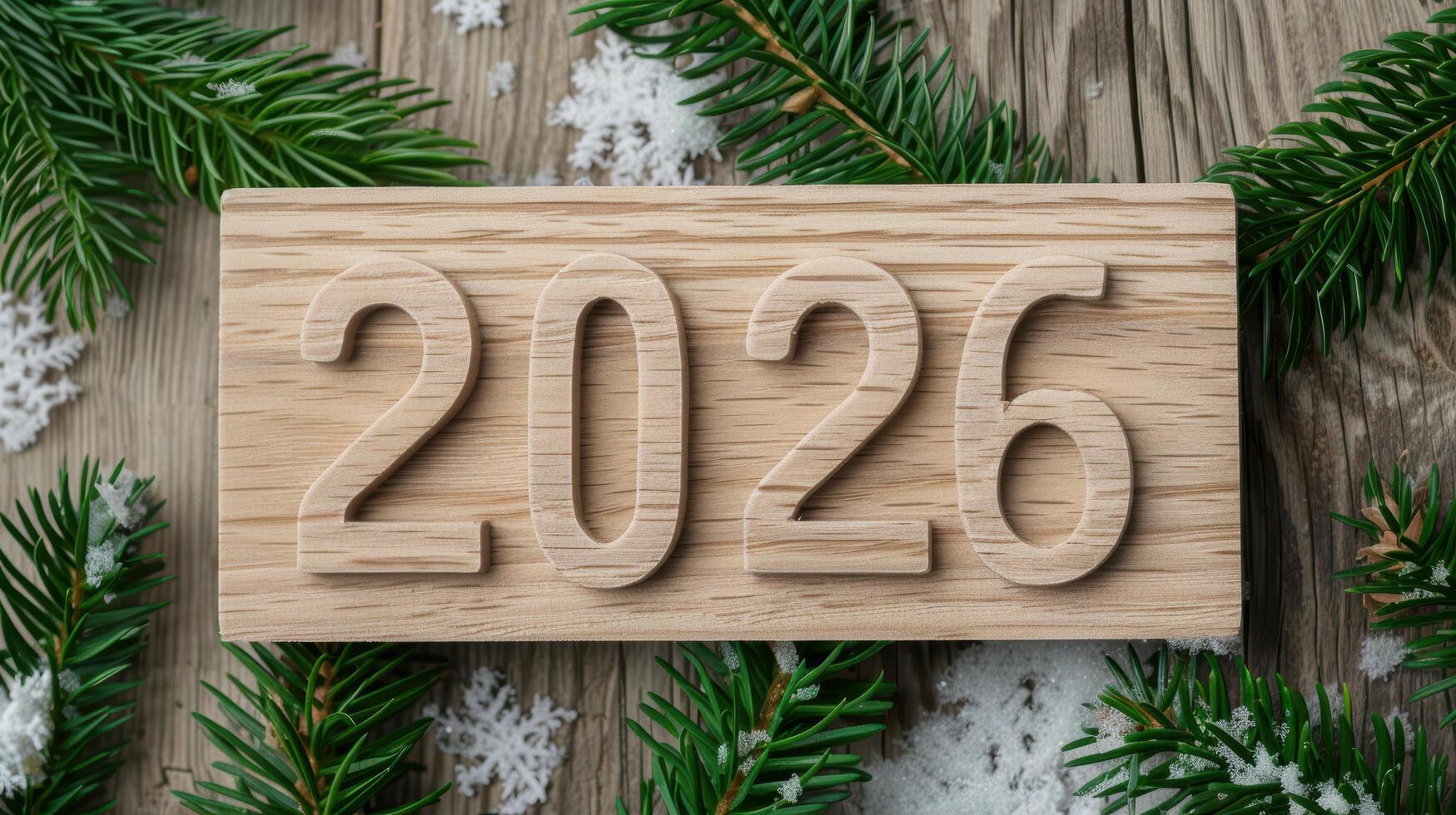 Wooden 2026 sign with pine tree branches and snow photo