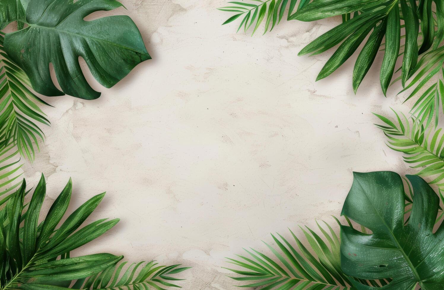 tropical leaves frame on marble background photo