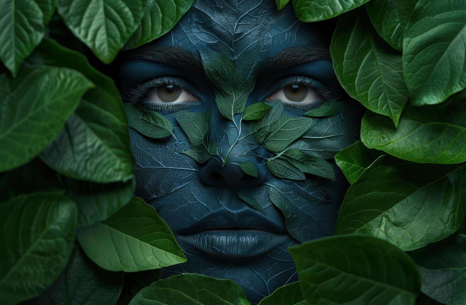 mysterious face hidden in lush green leaves photo