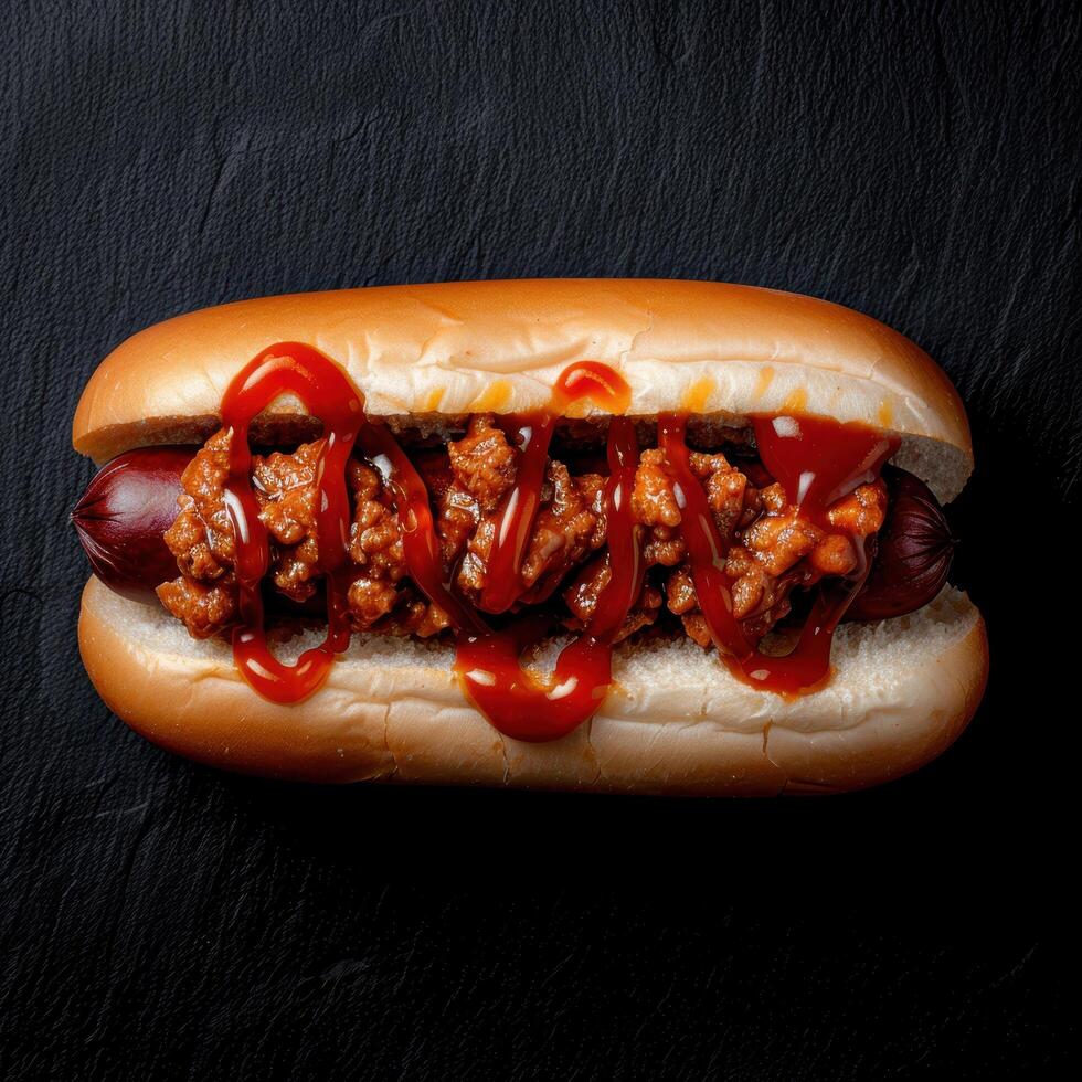Delicious chili dog with ketchup and onions photo
