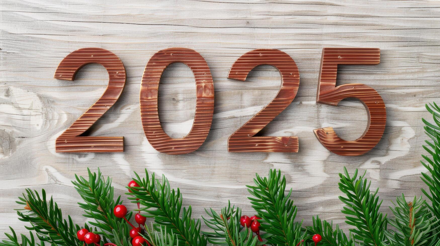 new year 2025 wooden numbers with christmas decor photo