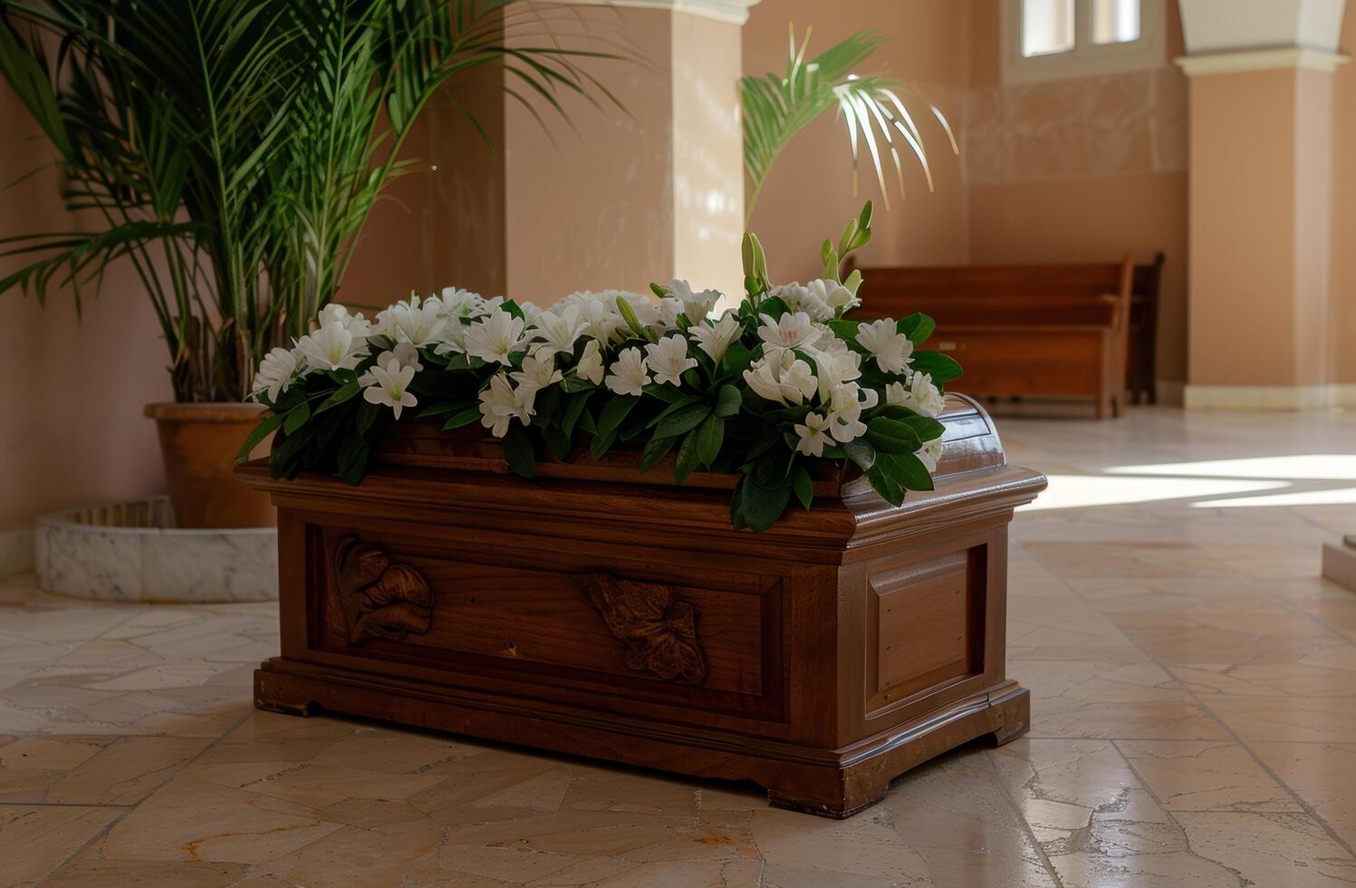 Elegant wooden casket with white flowers in church photo