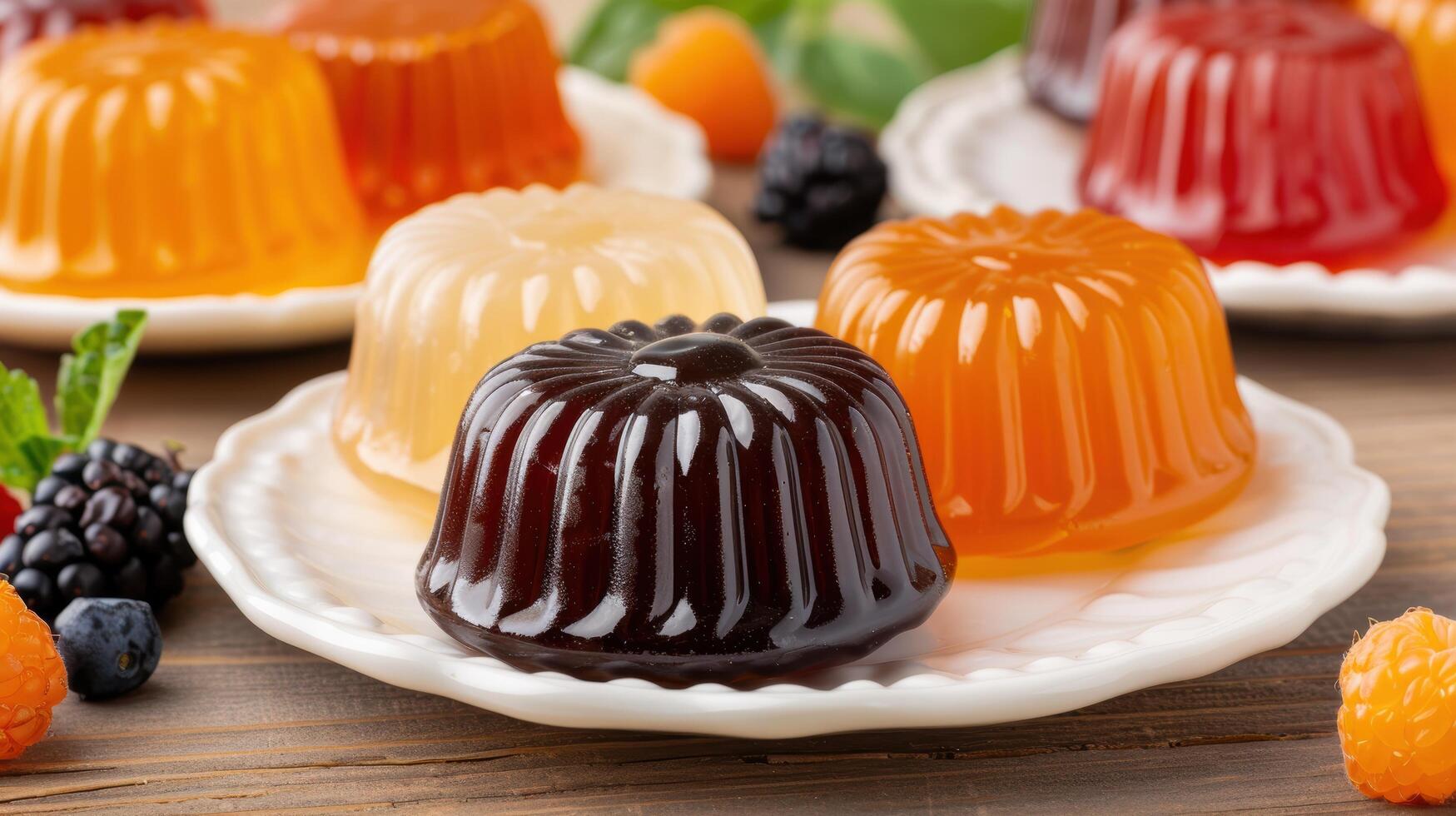 Assortment of colorful jelly molds on wooden table photo