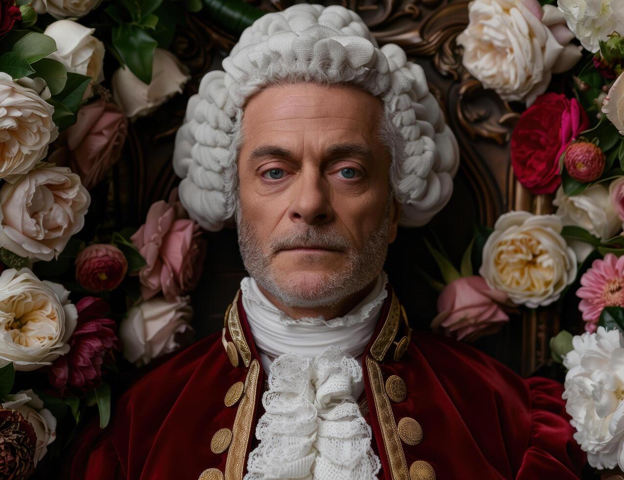 Elegant gentleman in historical costume surrounded by flowers photo