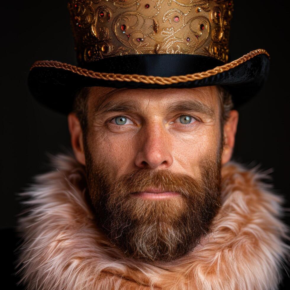 Rugged bearded man in ornate golden crown and fur coat photo