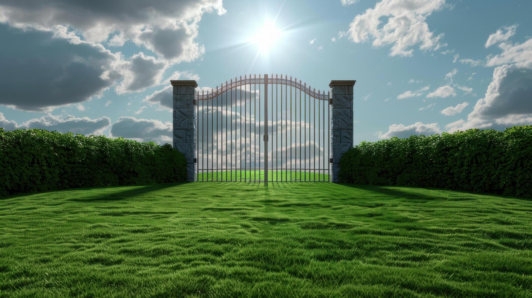 Ornate metal gate in a lush green field under a cloudy sky photo