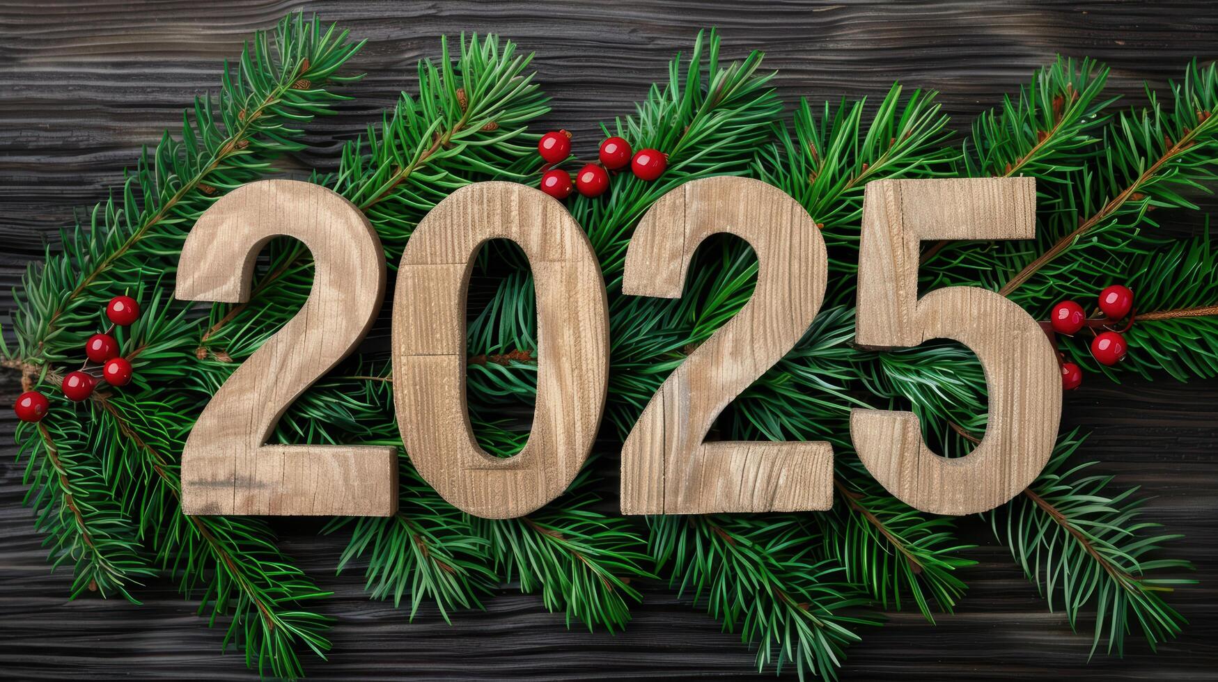 new year 2025 wooden numbers with christmas tree branches and berries photo