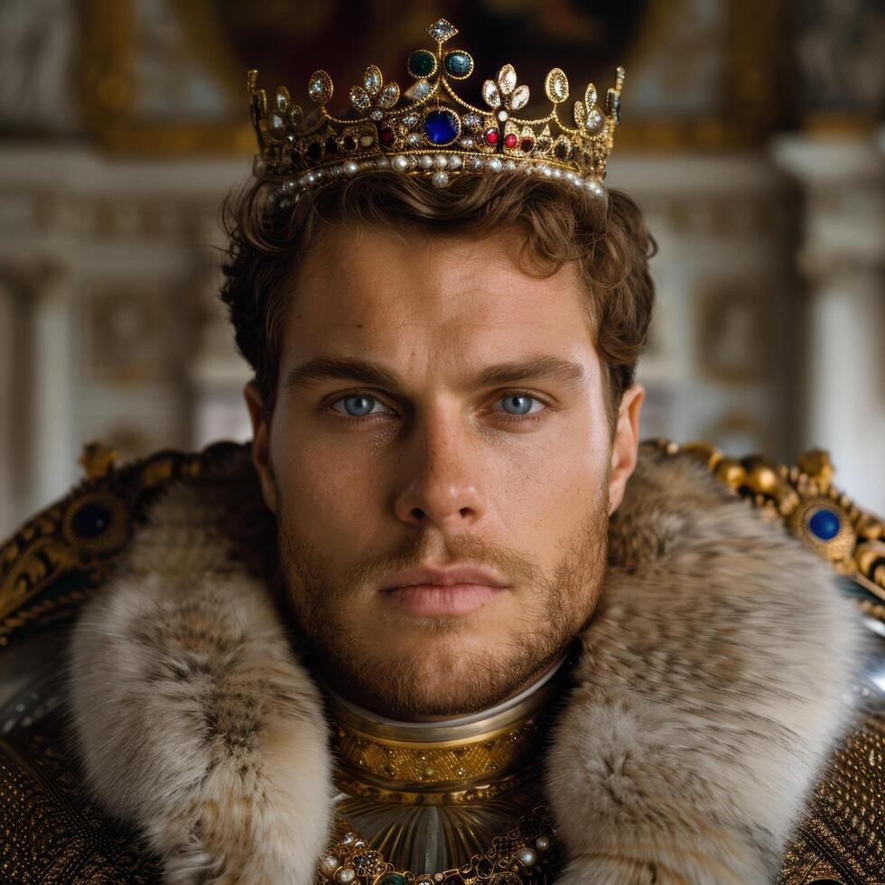 Regal portrait of a crowned man in ornate attire photo