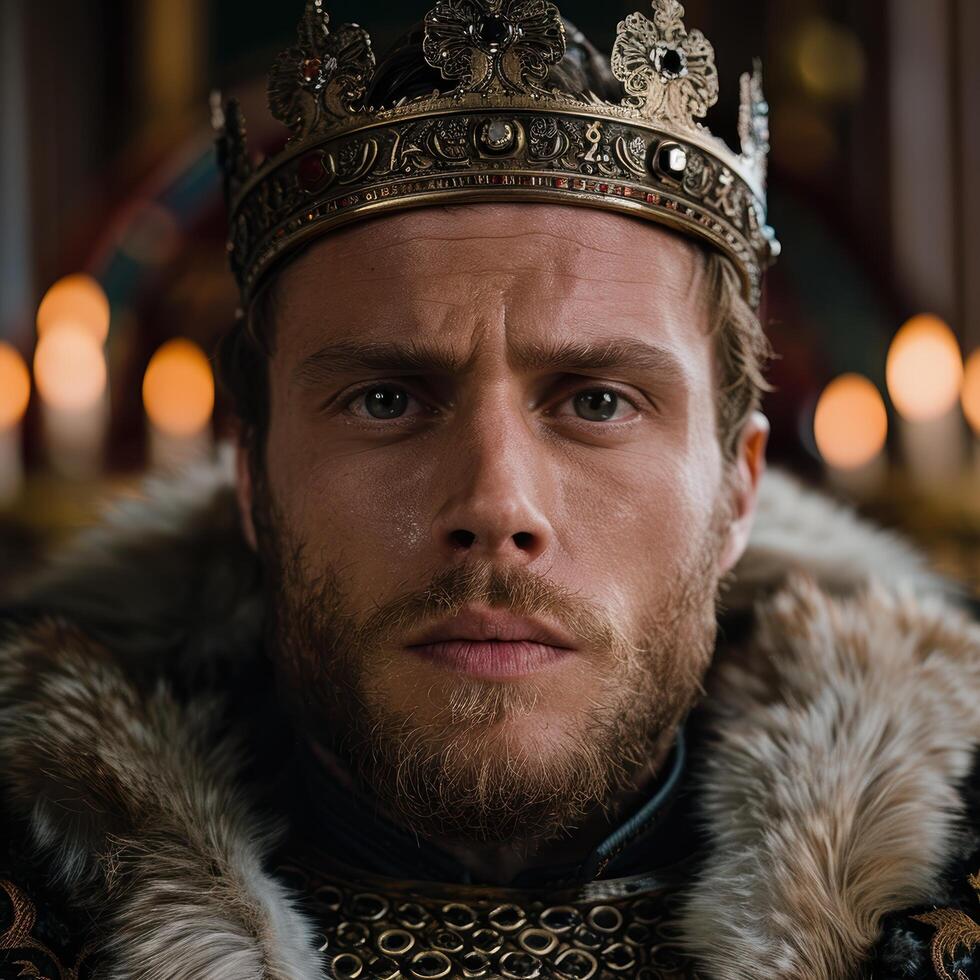 Regal monarch in ornate crown and fur trimmed cloak photo