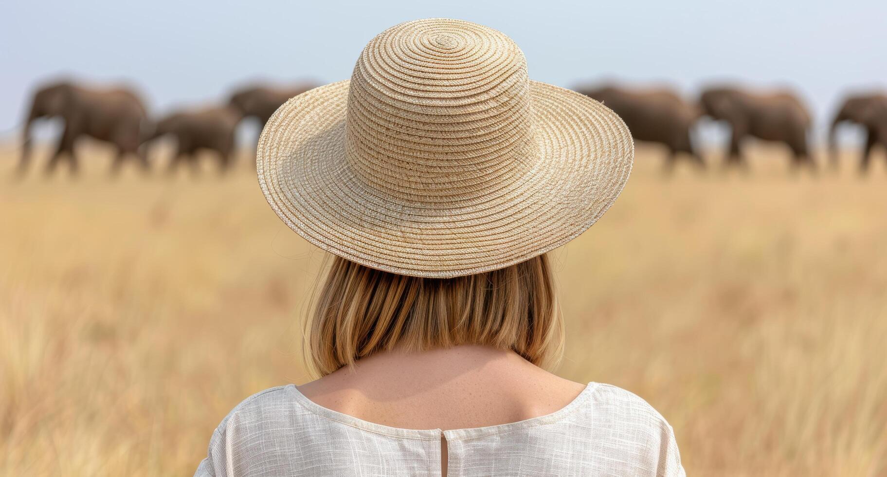 woman in straw hat looking at elephants in the distance photo