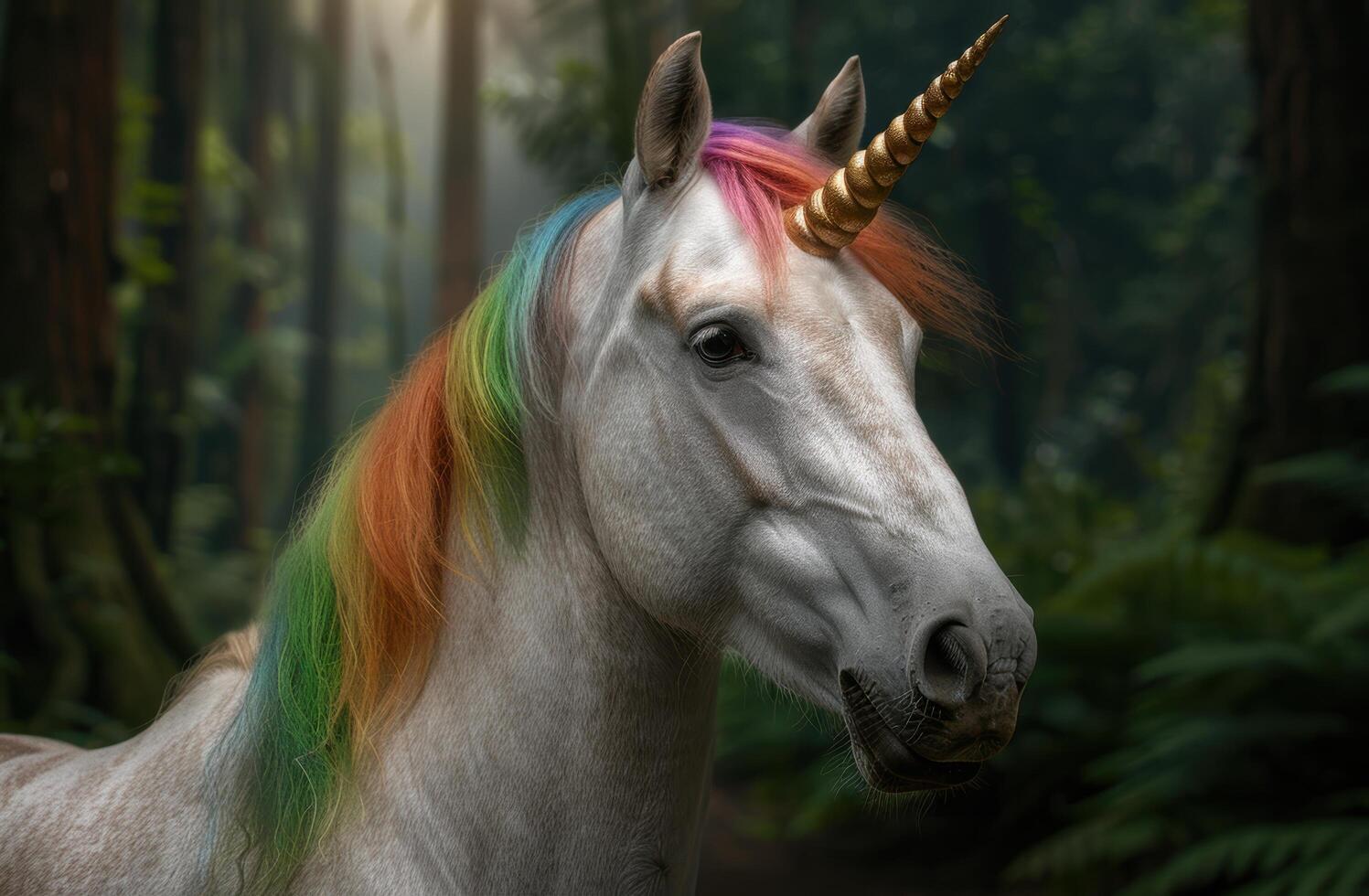 Majestic unicorn with rainbow colored mane in enchanted forest photo