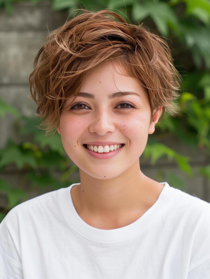 Smiling young woman with wavy hair photo