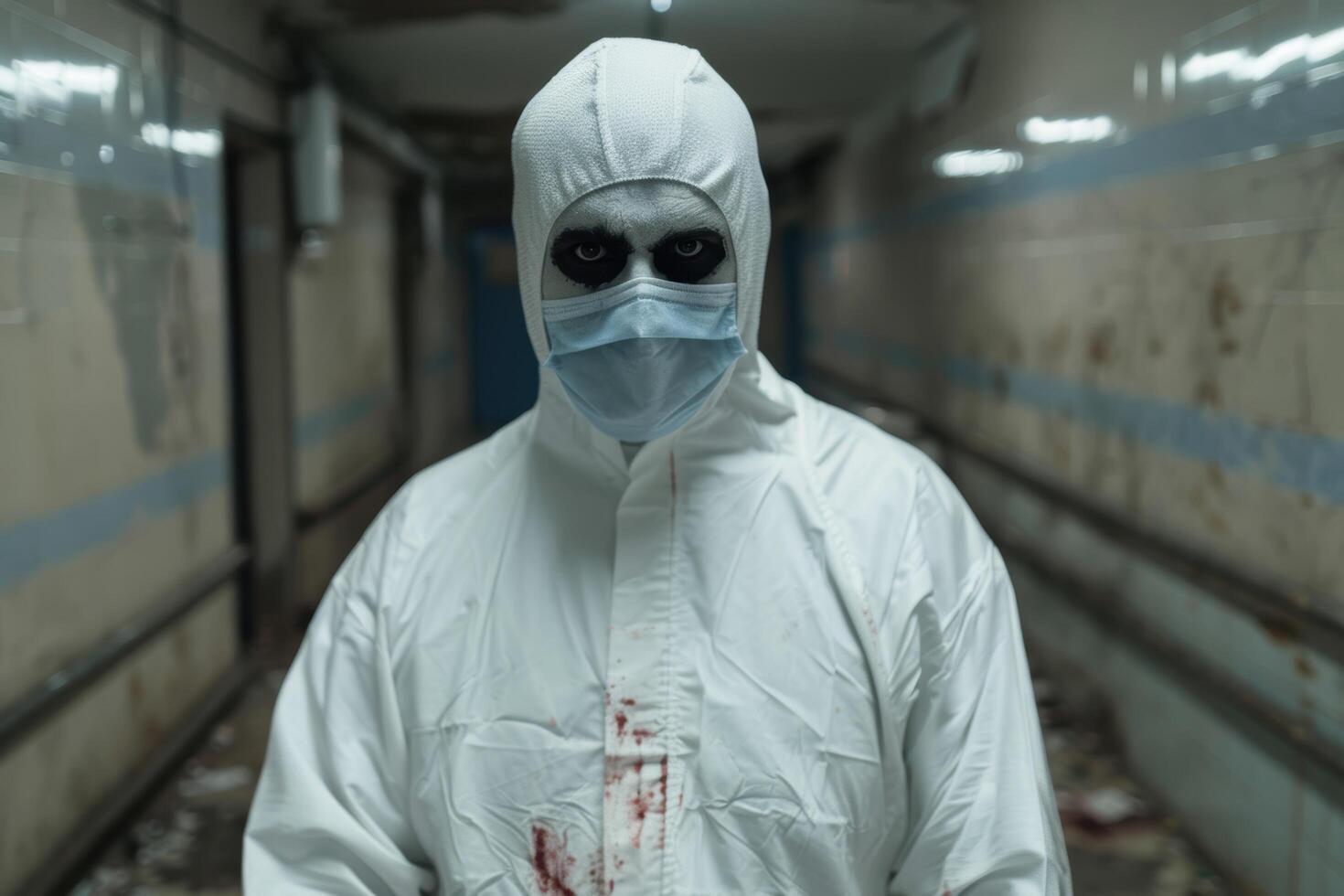 Mysterious figure in hazmat suit in hospital corridor photo