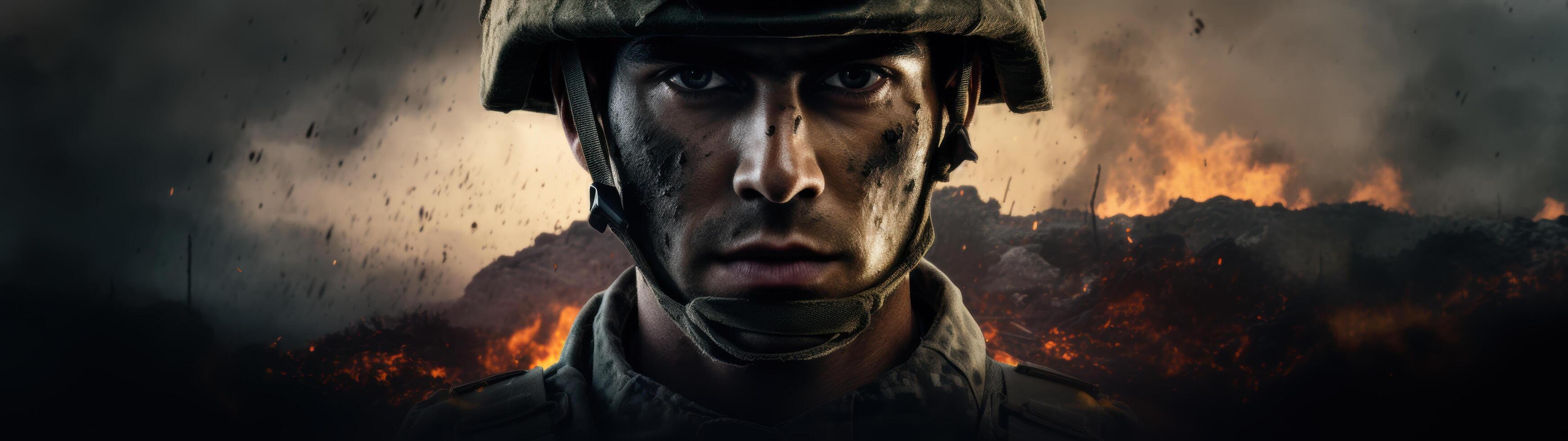 Soldier in combat zone with fire and explosions in background photo