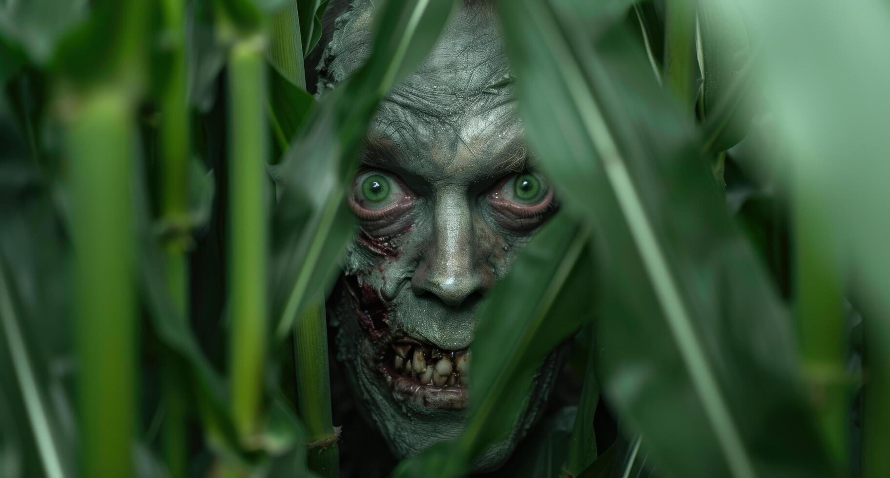 Creepy green monster lurking in the bushes photo