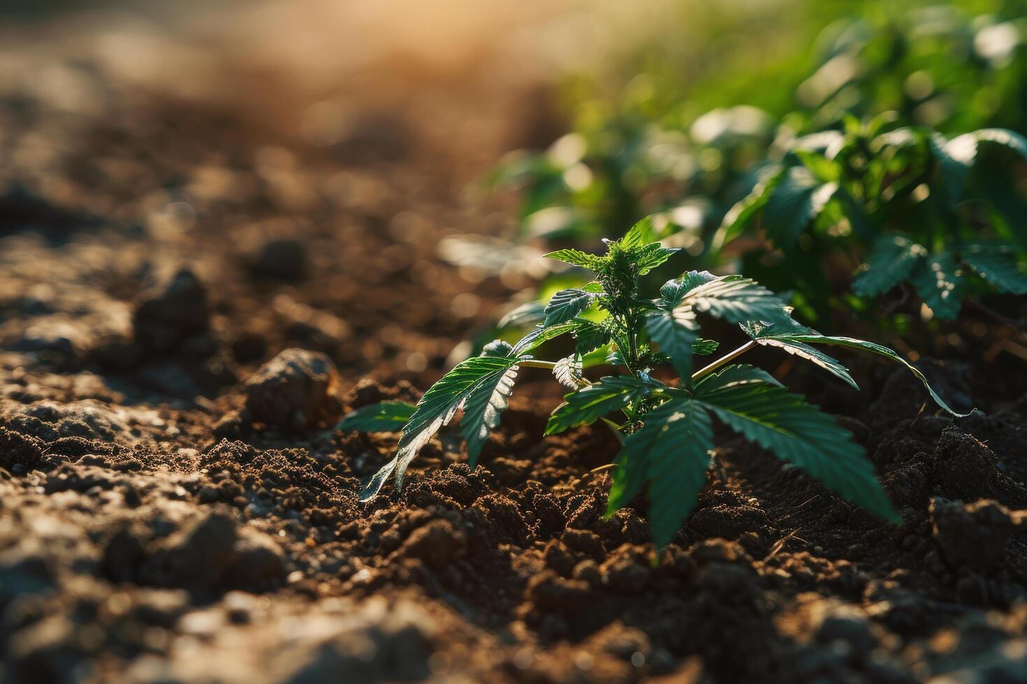 young cannabis plant growing in soil photo