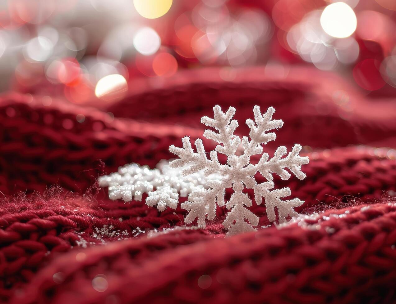 Sparkling snowflake on red fuzzy fabric photo