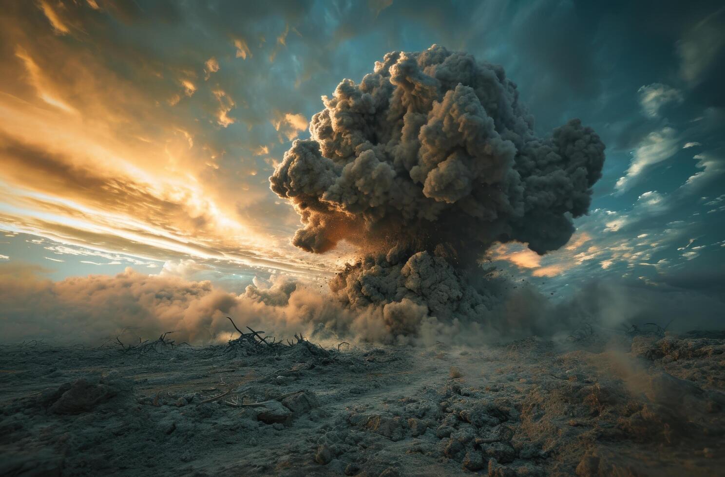 Dramatic volcanic eruption with billowing smoke and fiery sky photo
