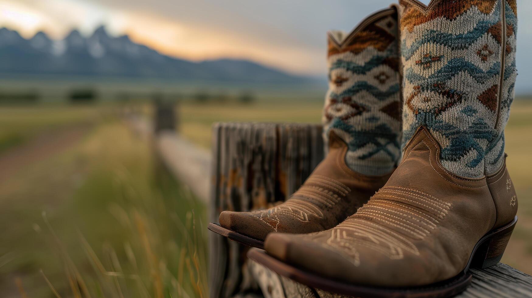 Cowboy boots in a scenic mountain landscape photo