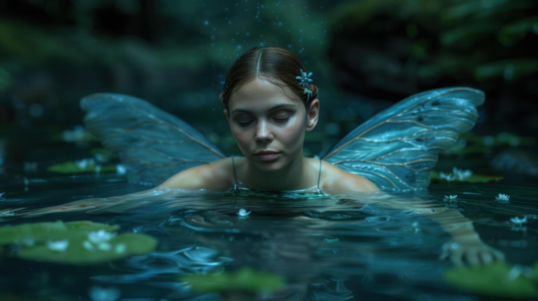 Mystical fairy swimming in enchanted forest pool photo