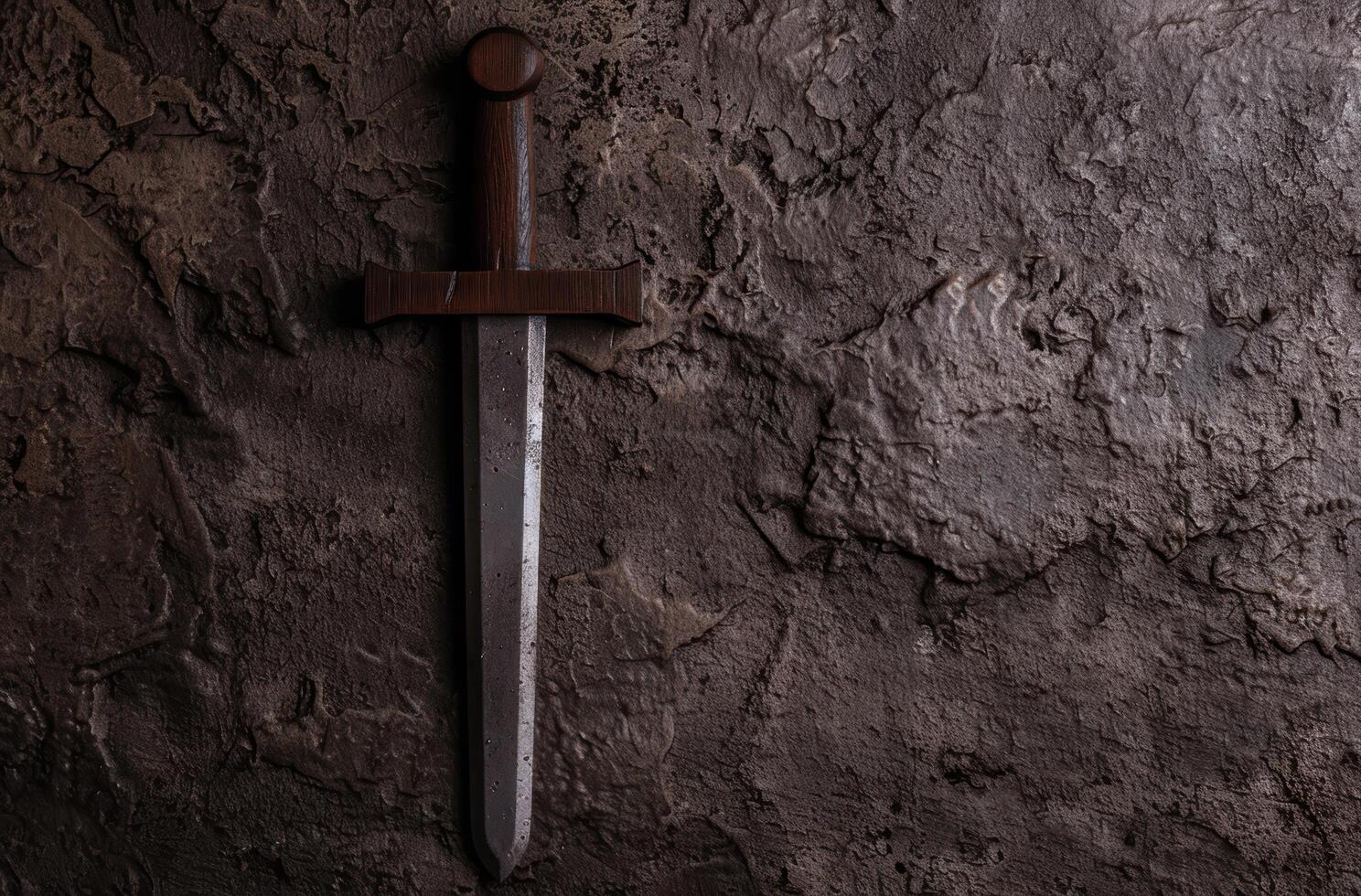 medieval sword on dark stone wall photo