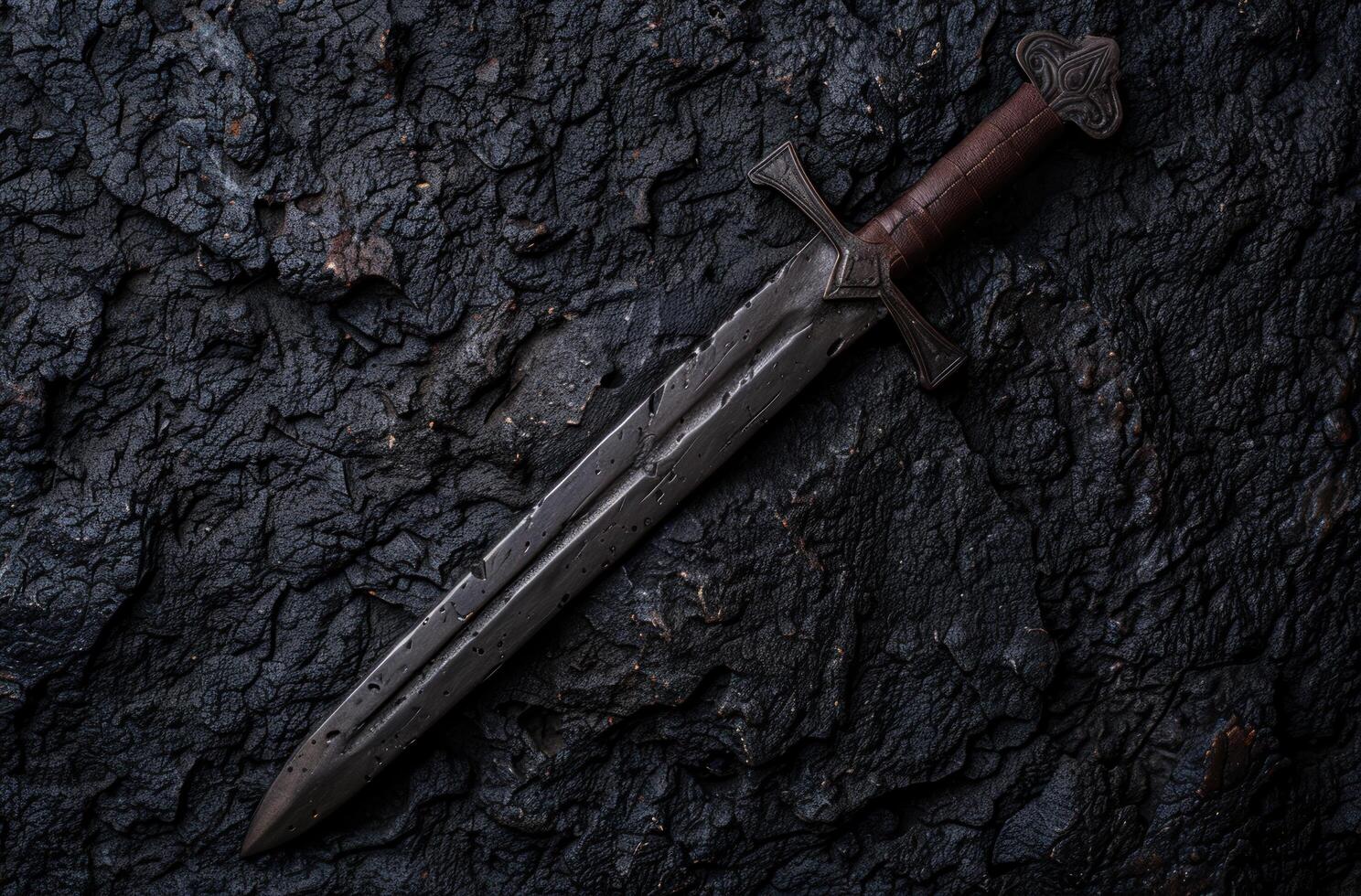 ancient sword on dark cracked surface photo