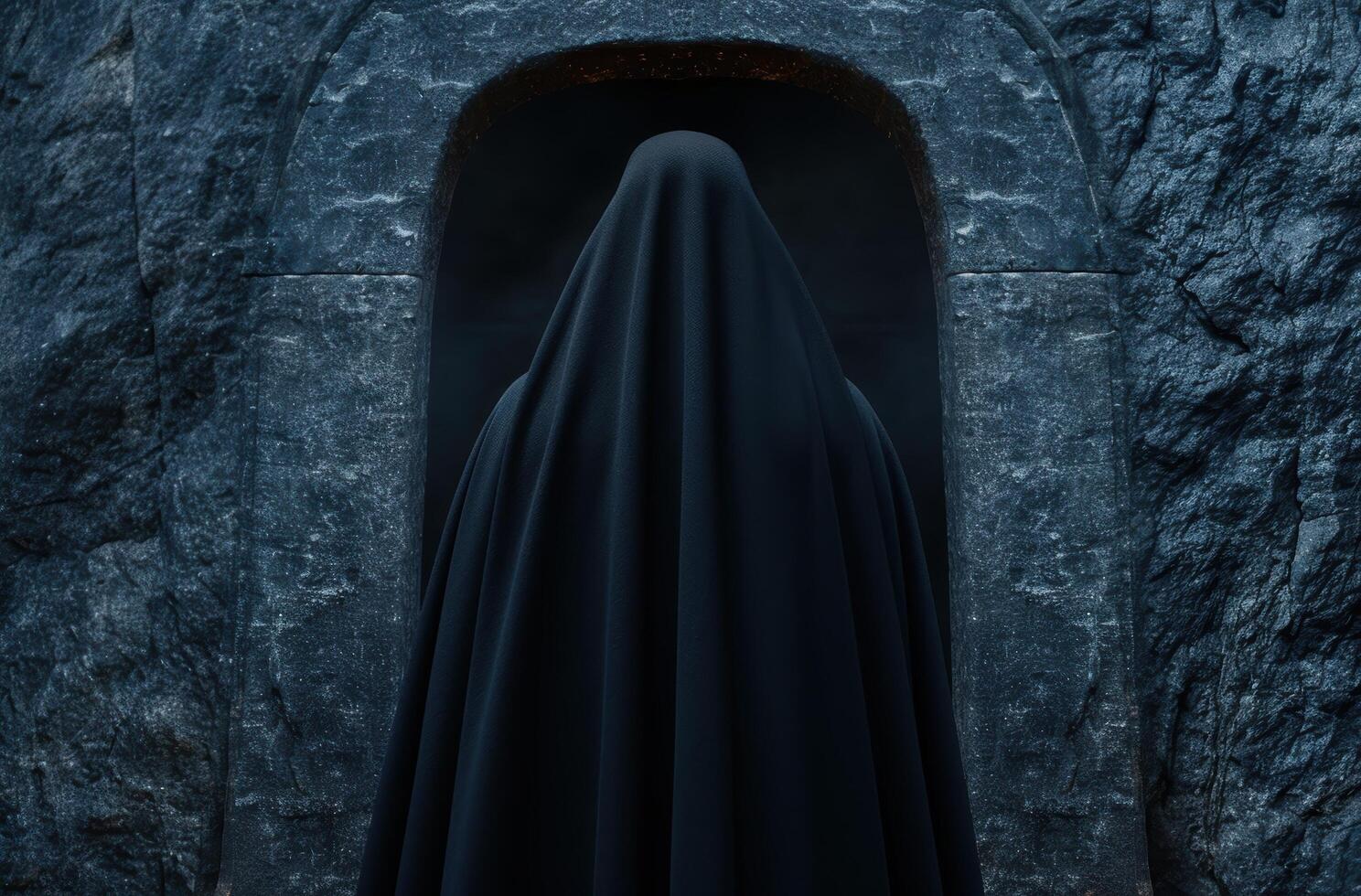Mysterious hooded figure in dark cave photo