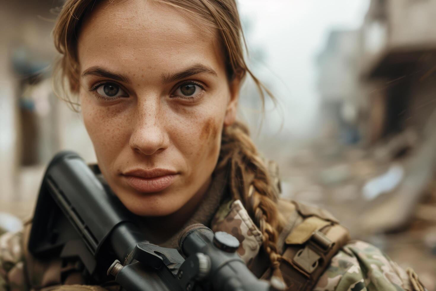 Determined female soldier in military uniform photo