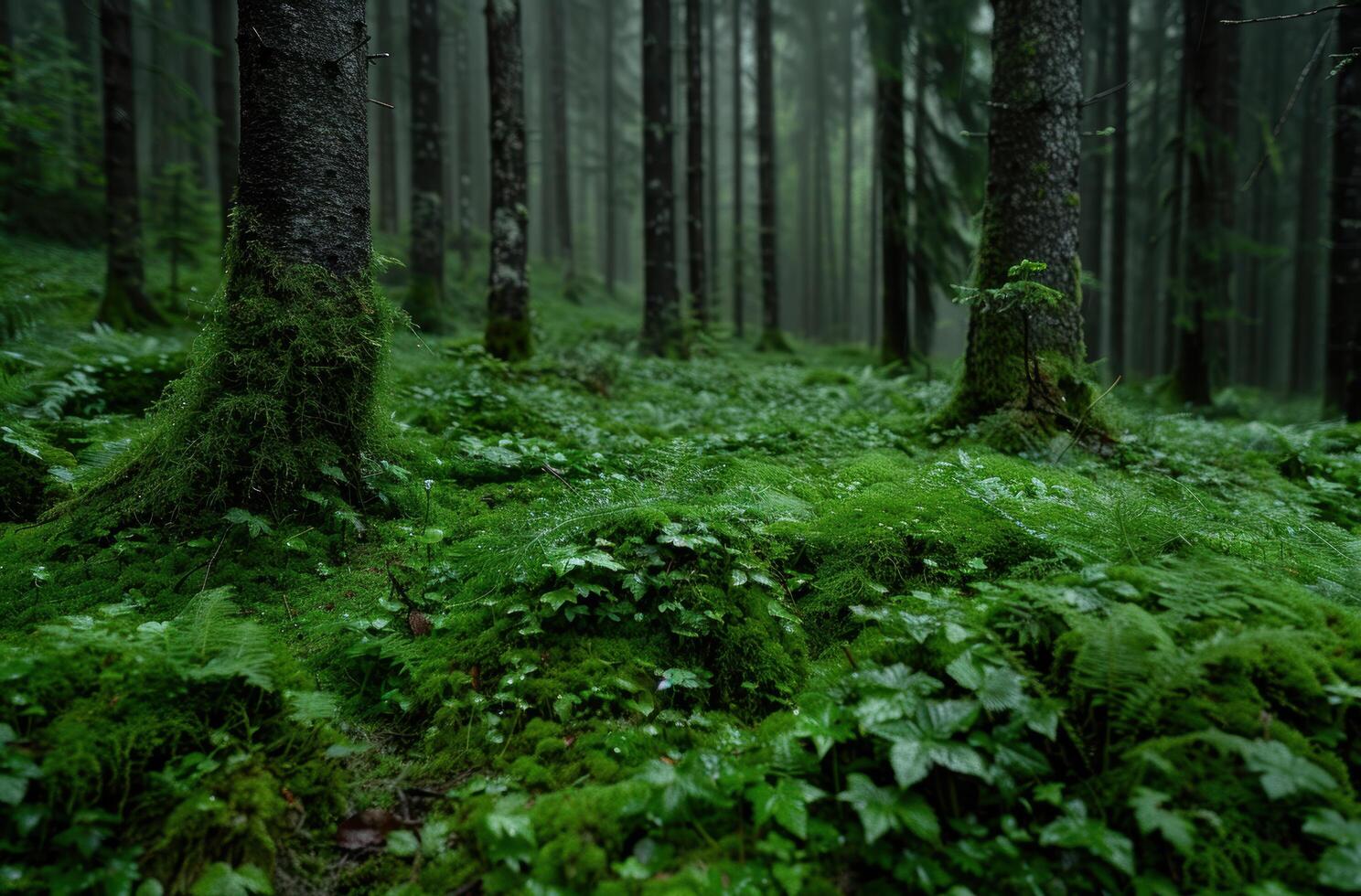 lush green forest with moss covered trees photo