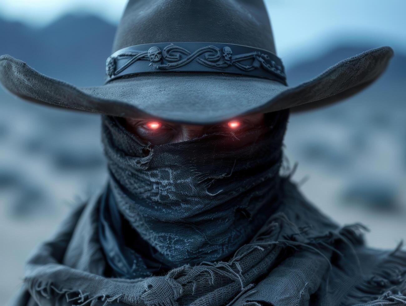 Mysterious cowboy with glowing eyes in the dark photo