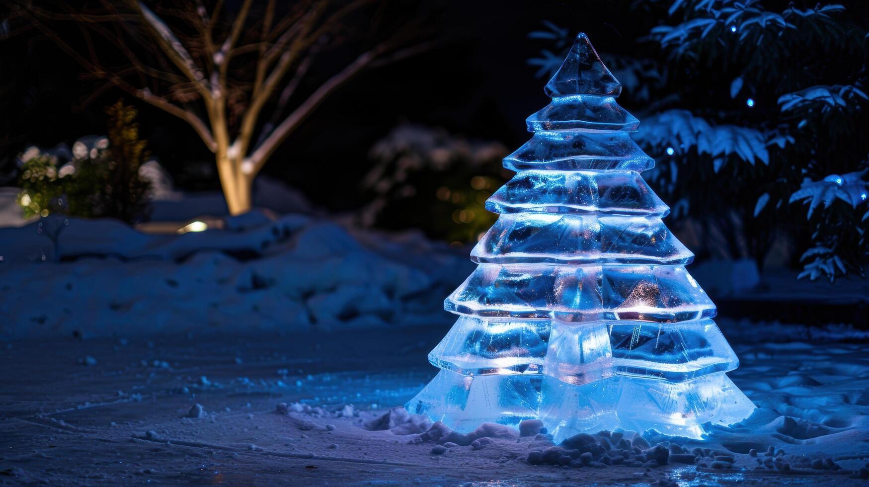 Illuminated ice sculpture of christmas tree in snowy winter landscape photo