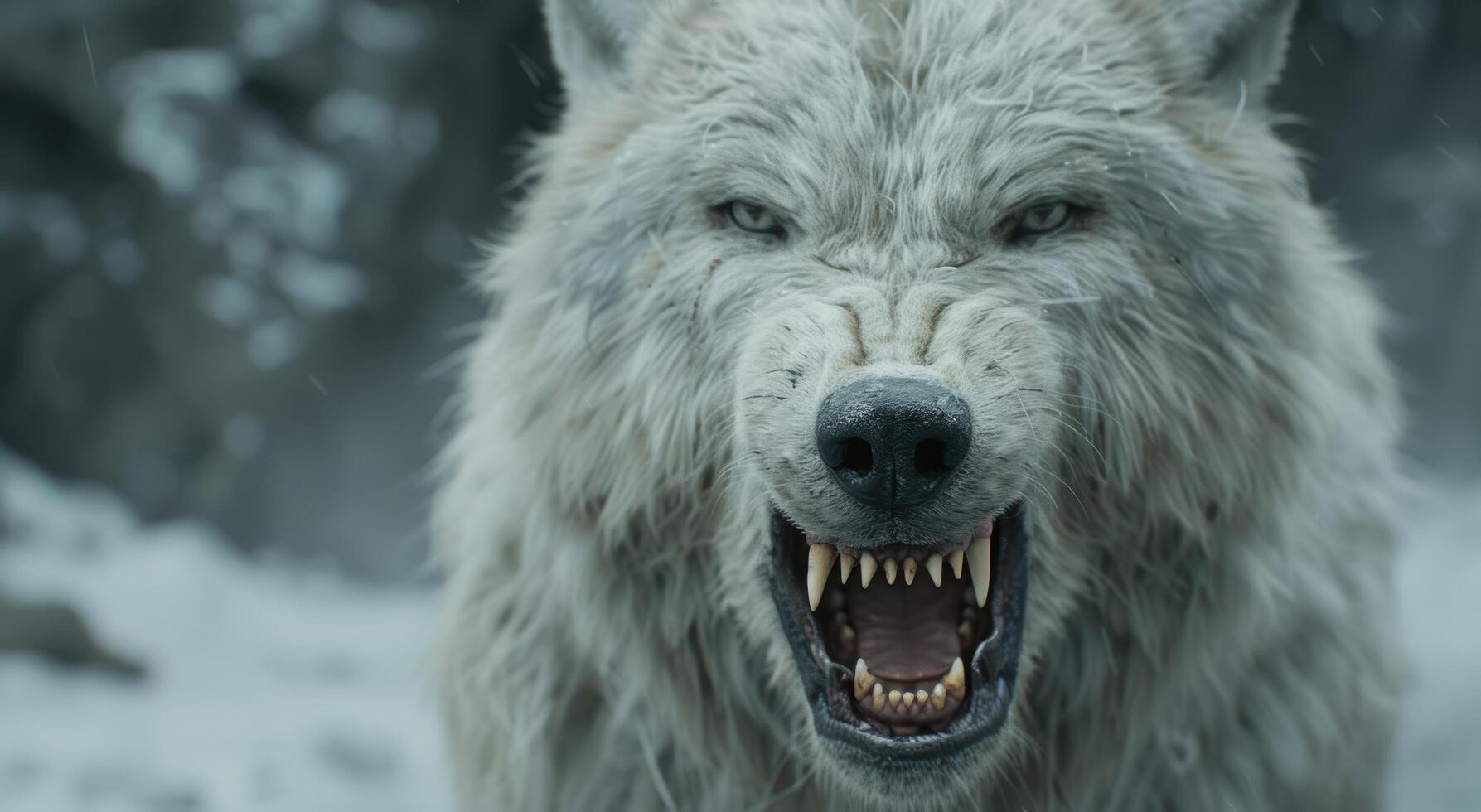 Fierce white wolf with bared teeth photo