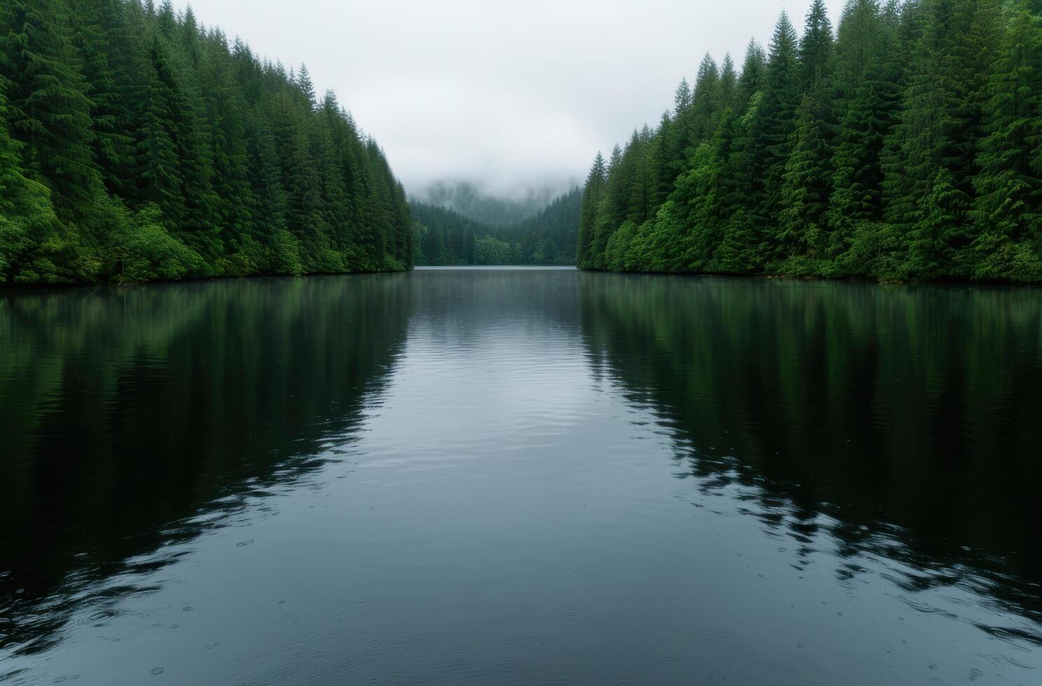 serene forest lake surrounded by lush green trees photo