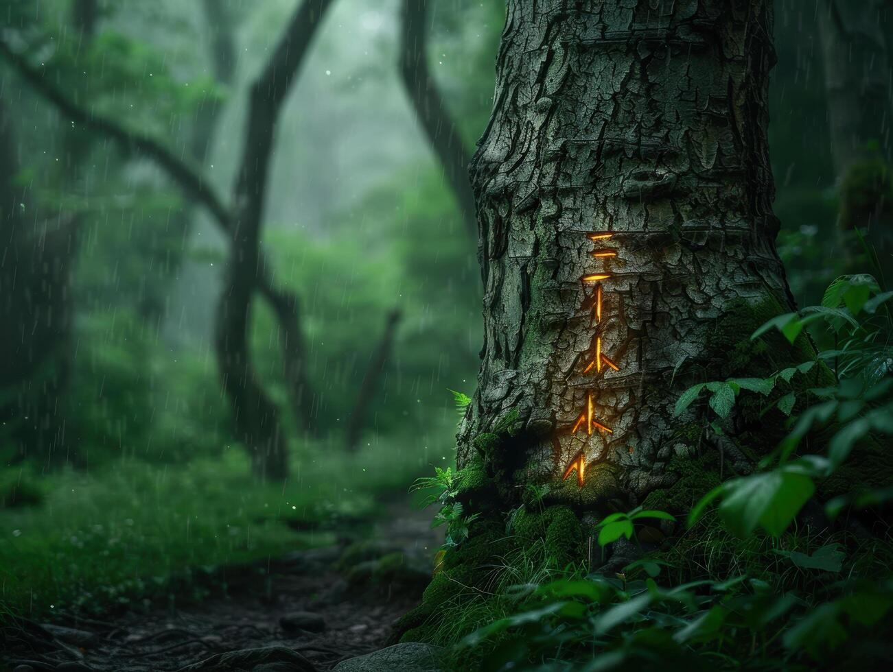 Enchanted forest scene with glowing tree photo
