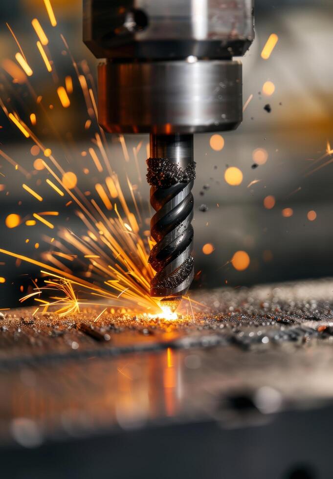 Sparks flying from industrial drill bit photo