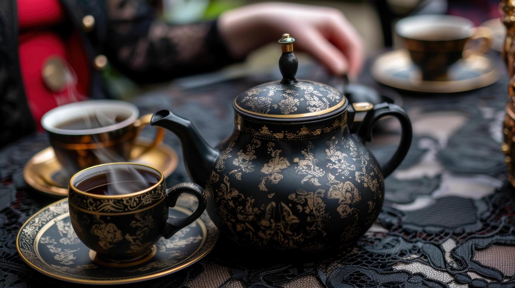 Elegant black and gold tea set on dark table photo