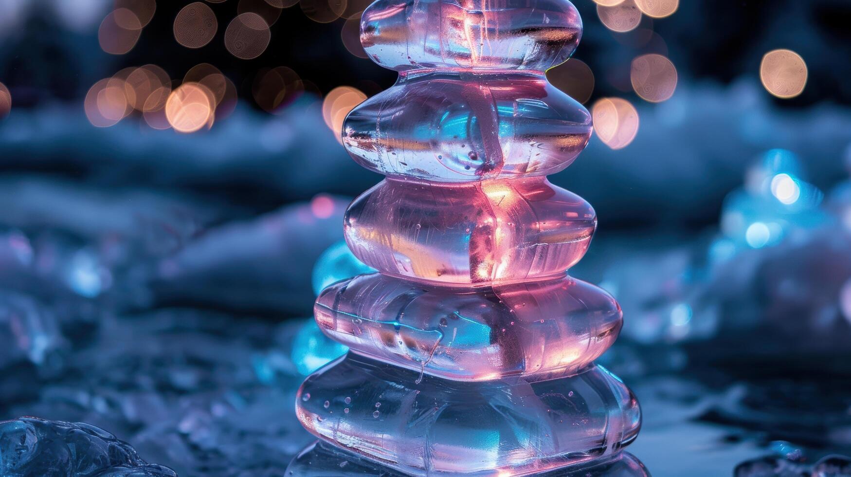 Stacked glass ornaments with bokeh lights photo