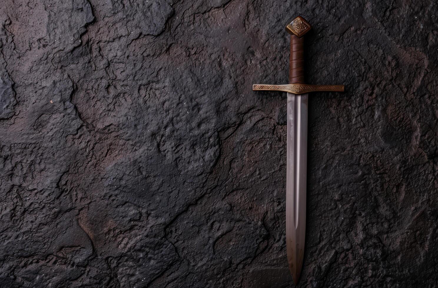 Ornate medieval sword against dark rock background photo
